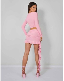 Frill Detail Ruched Mini Skirt Baby Pink