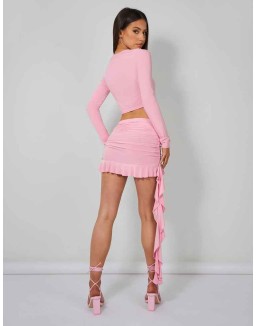 Frill Detail Ruched Mini Skirt Baby Pink