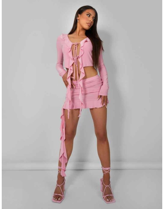 Frill Detail Ruched Mini Skirt Baby Pink