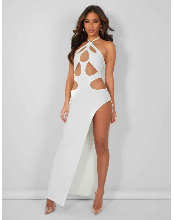 Strappy Cut Away Extreme Split Midaxi Dress Ivory