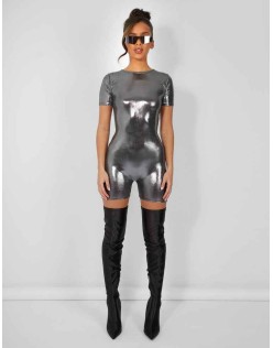 Metallic Open Back Detail Short Sleeve Unitard Playsuit Silver