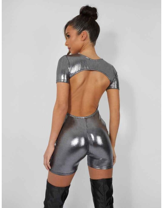Metallic Open Back Detail Short Sleeve Unitard Playsuit Silver