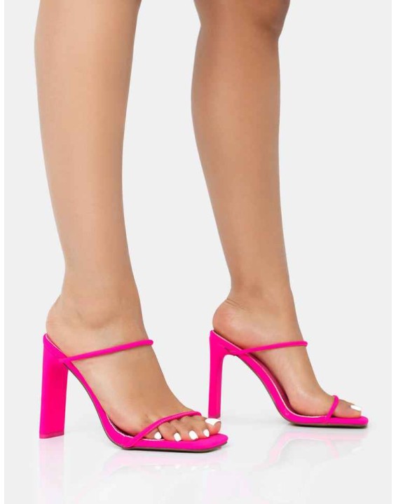 True Hot Pink Nylon Strappy Barely There Square Toe Flat Block Heels