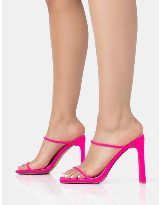 True Hot Pink Nylon Strappy Barely There Square Toe Flat Block Heels