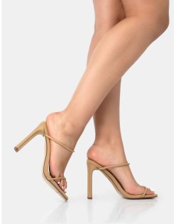 True Camel Nylon Strappy Barely There Square Toe Flat Block Heels