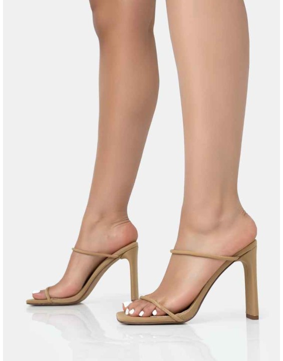 True Camel Nylon Strappy Barely There Square Toe Flat Block Heels