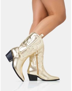 Calabasas Gold Western Embroidered Knee High Pointed Toe Cowboy Boots
