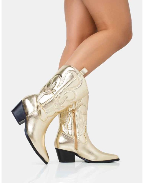 Calabasas Gold Western Embroidered Knee High Pointed Toe Cowboy Boots