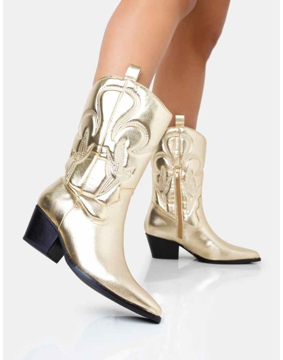 Calabasas Gold Western Embroidered Knee High Pointed Toe Cowboy Boots