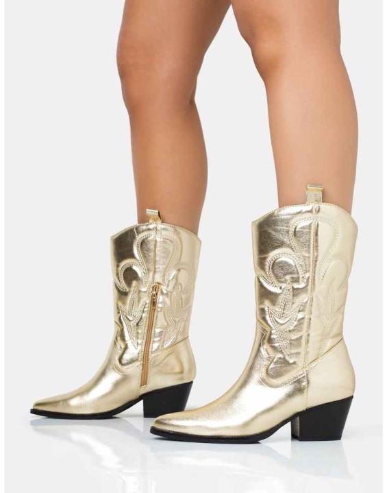 Calabasas Gold Western Embroidered Knee High Pointed Toe Cowboy Boots