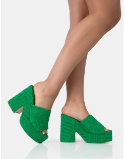 Wavez Green Terry Towelling Round Toe Platform Block Heel Mules