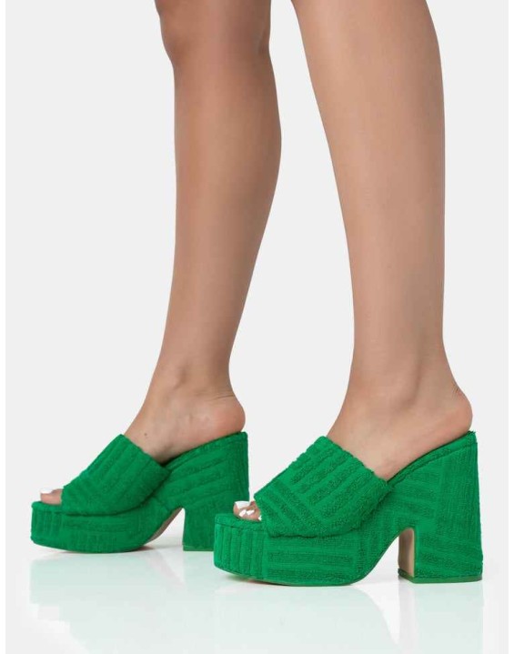 Wavez Green Terry Towelling Round Toe Platform Block Heel Mules