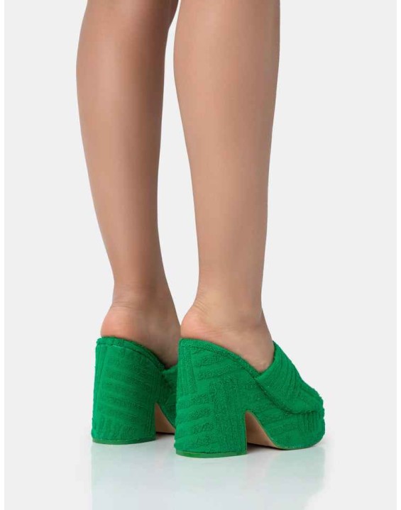 Wavez Green Terry Towelling Round Toe Platform Block Heel Mules