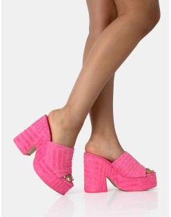 Wavez Pink Terry Towelling Round Toe Platform Block Heel Mules