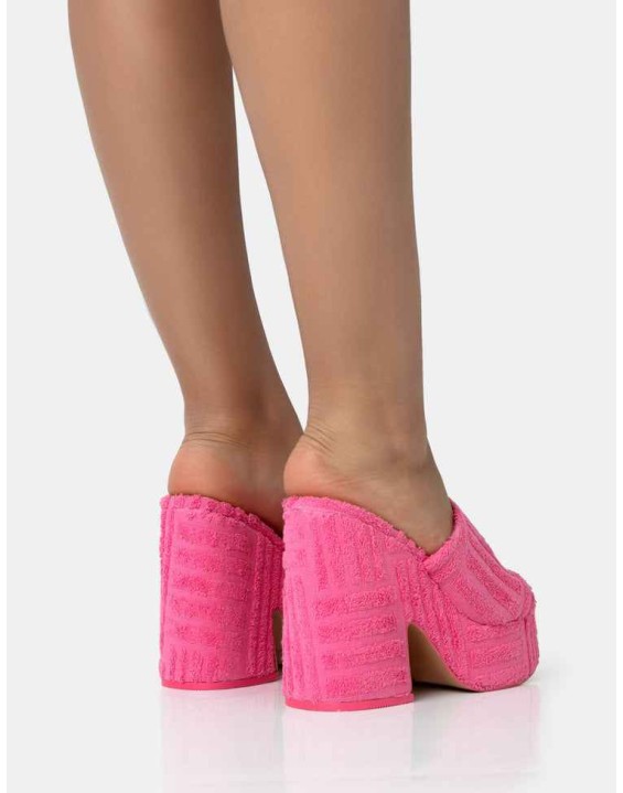 Wavez Pink Terry Towelling Round Toe Platform Block Heel Mules