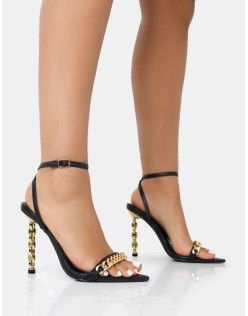 Link Up Black Barely There Pointed Toe Stiletto Chain Heels