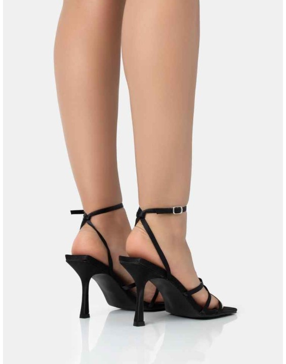 Mademoiselle Wide Fit Black Satin Strappy Square Toe Mid Stiletto Heels