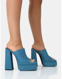 Skyhigh Denim Chunky Platform High Heeled Mules