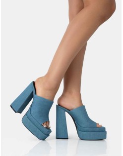 Skyhigh Denim Chunky Platform High Heeled Mules
