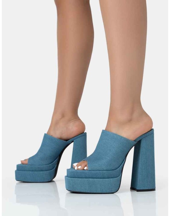 Skyhigh Denim Chunky Platform High Heeled Mules