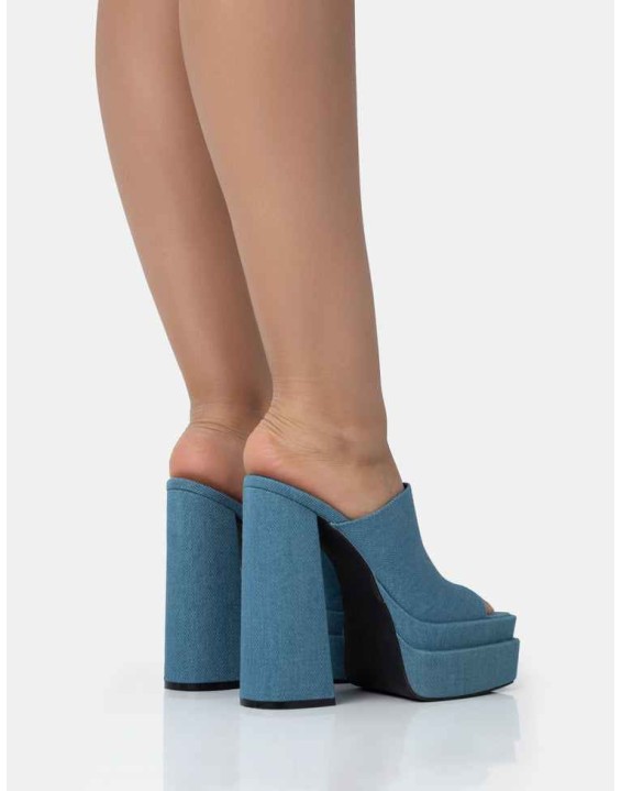 Skyhigh Denim Chunky Platform High Heeled Mules