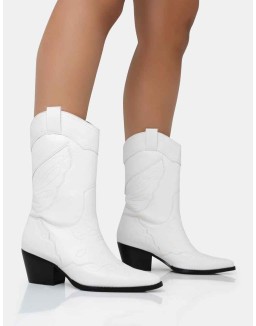 Howdy White Pu Pointed Toe Western Cowboy Block Ankle Boots