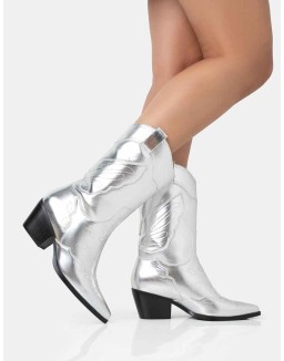 Howdy Silver Pu Pointed Toe Western Cowboy Block Ankle Boots