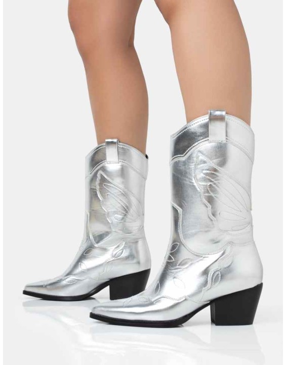 Howdy Silver Pu Pointed Toe Western Cowboy Block Ankle Boots