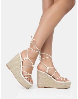 Islander Ecru Lace Up Square Toe High Heeled Sandal Esparille Wedges