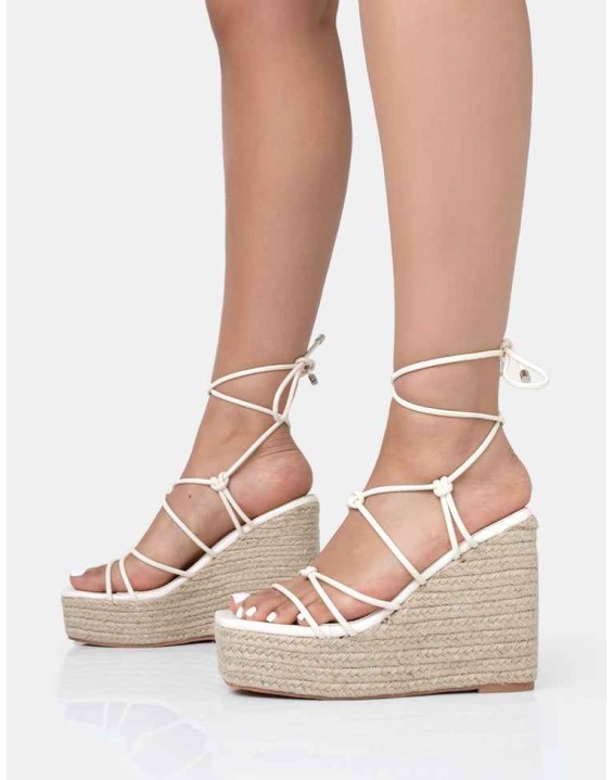 Islander Ecru Lace Up Square Toe High Heeled Sandal Esparille Wedges