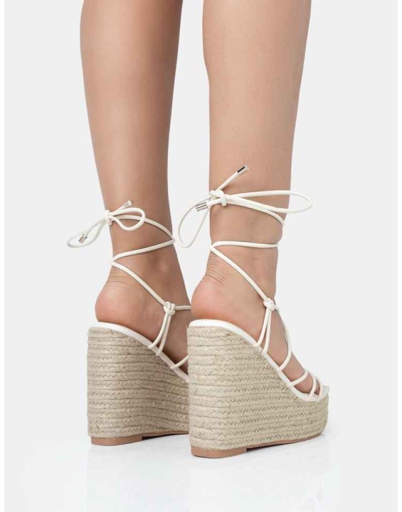 Islander Ecru Lace Up Square Toe High Heeled Sandal Esparille Wedges