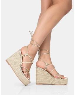 Islander Gold Lace Up Square Toe High Heeled Sandal Esparille Wedges