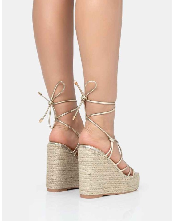 Islander Gold Lace Up Square Toe High Heeled Sandal Esparille Wedges
