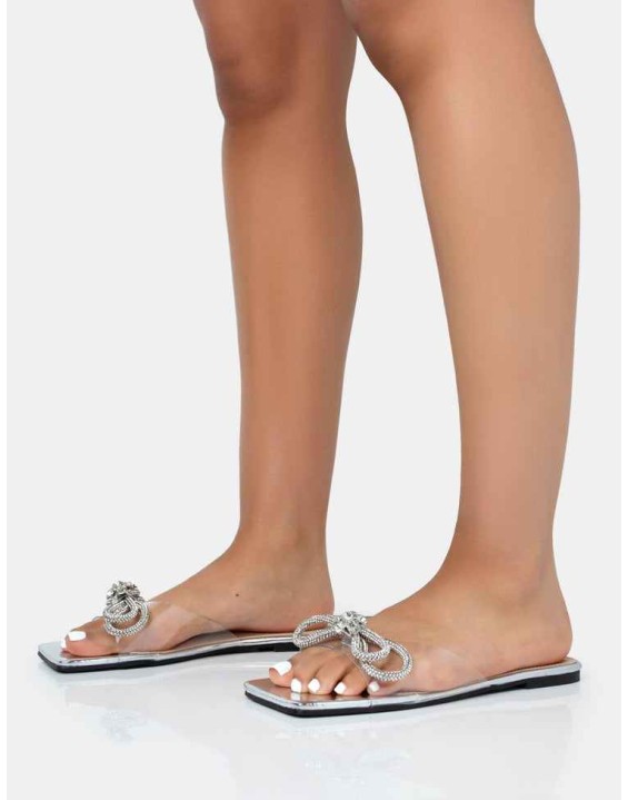 Sundown Silver Mirror Diamante Bow Perspex Flat Square Toe Sandals