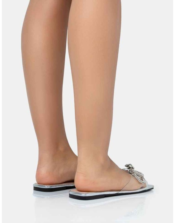 Sundown Silver Mirror Diamante Bow Perspex Flat Square Toe Sandals