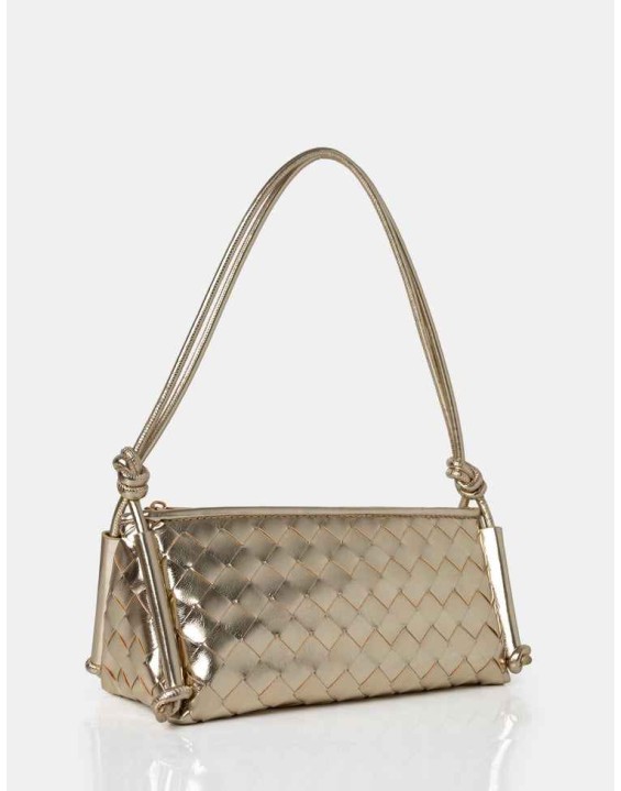 The Tate Gold Woven Oblong Knotted Handle Shoulder Bag