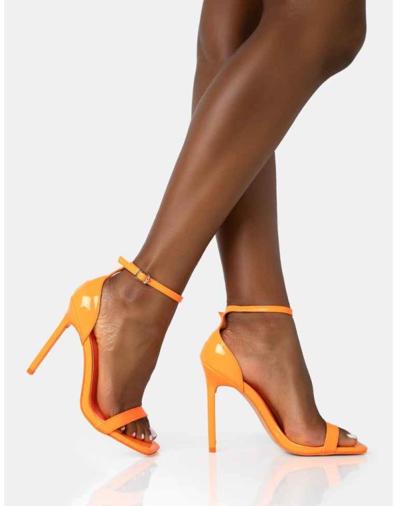 Chaos Neon Orange Patent Square Toe Strappy Barely There Stiletto Heels