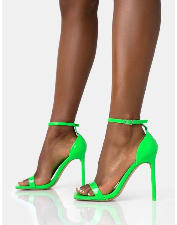 Chaos Neon Lime Patent Square Toe Strappy Barely There Stiletto Heels
