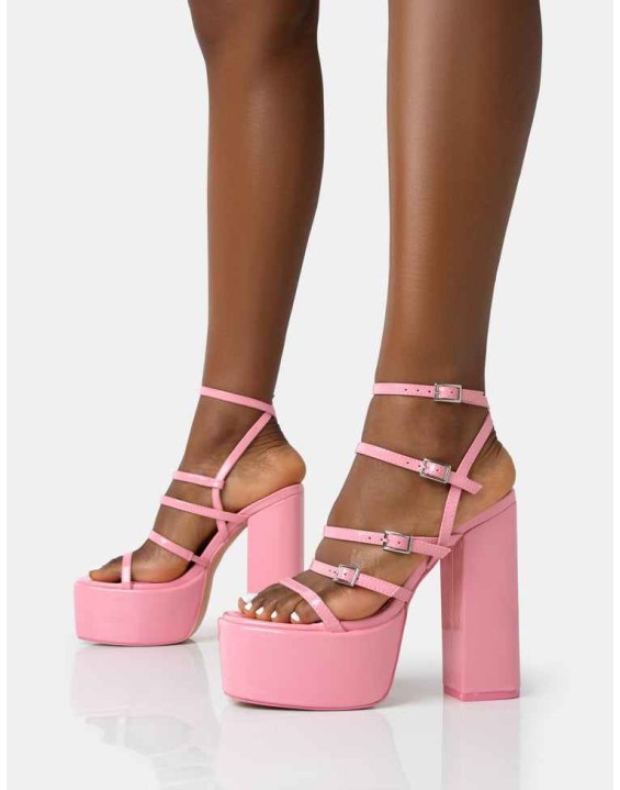 Flawless Baby Pink Patent Buckle Strap Round Toe Platform Block Heels