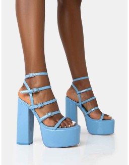 Flawless Baby Blue Patent Buckle Strap Round Toe Platform Block Heels