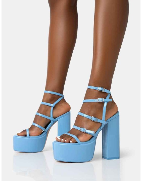 Flawless Baby Blue Patent Buckle Strap Round Toe Platform Block Heels