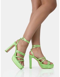 Viola Lime Satin Strappy Square Toe Platform Flat Block Heels