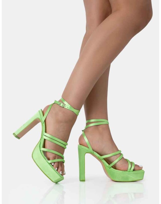Viola Lime Satin Strappy Square Toe Platform Flat Block Heels