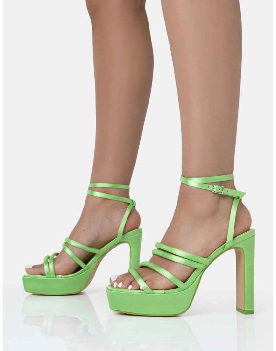 Viola Lime Satin Strappy Square Toe Platform Flat Block Heels