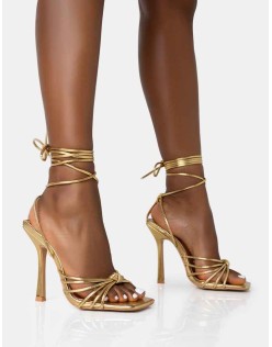 Aspen Wide Fit Gold Knot Strap Lace Up Square Toe Stiletto Heels