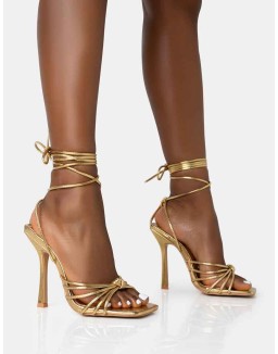 Aspen Wide Fit Gold Knot Strap Lace Up Square Toe Stiletto Heels