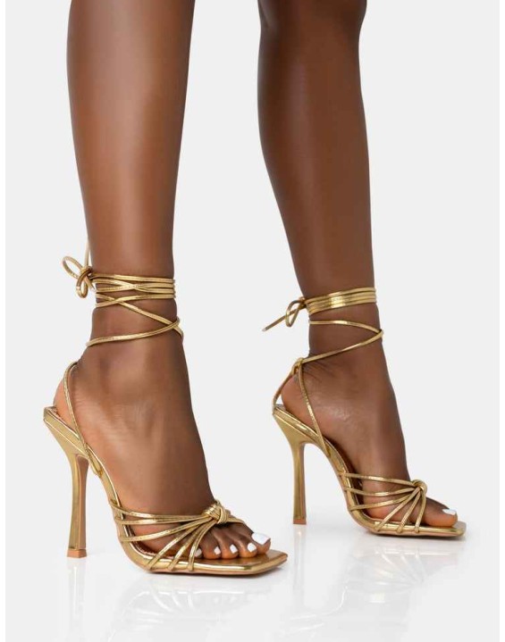 Aspen Wide Fit Gold Knot Strap Lace Up Square Toe Stiletto Heels