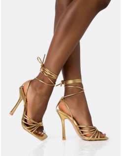 Aspen Wide Fit Gold Knot Strap Lace Up Square Toe Stiletto Heels
