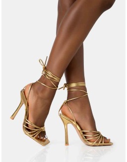 Aspen Wide Fit Gold Knot Strap Lace Up Square Toe Stiletto Heels