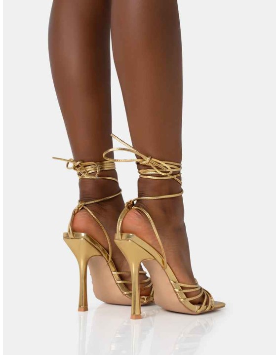 Aspen Wide Fit Gold Knot Strap Lace Up Square Toe Stiletto Heels